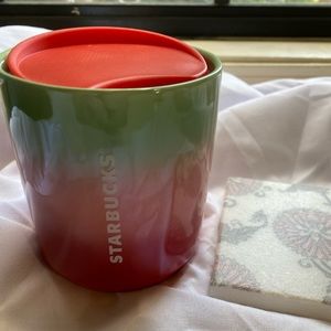 NWOT 2020 Starbucks Pearl Ombré Red, Pink Green Ceramic 8oz Tumbler with Lid